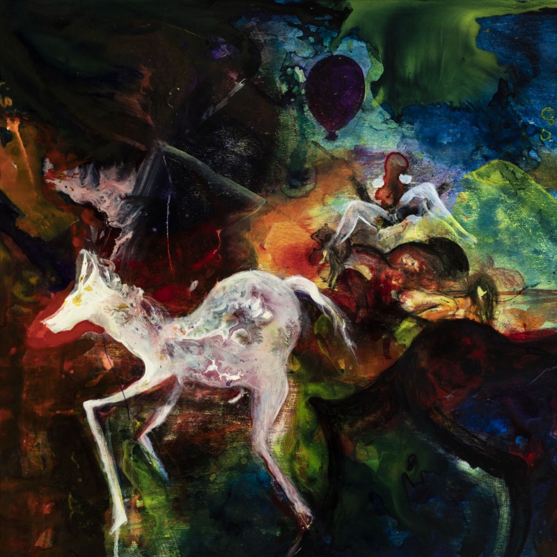 Cornelia Lochmann - Riding the Horses - airbrush and acryl varnish on wood 60 x 80 cm 2018